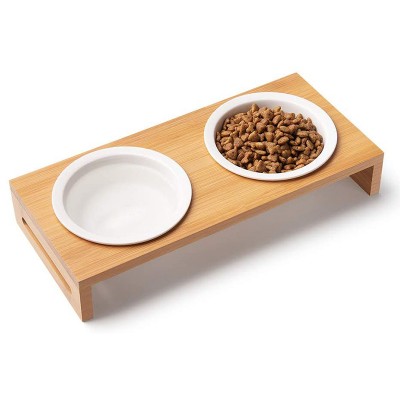 Dog Cat Bowls with Raised Bamboo Stand  Dual Ceramic Food and Water Dishes Perfect for Cats and Small Dogs