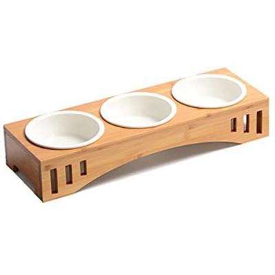 Pet Bowls Raised Dog Cat Feeder Solid Bamboo Stand Ceramic Food Feeding Bowl Cats Puppy