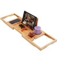 Bamboo Bathtub Caddy Tray Bath Tray  Adjustable Bathroom Bathtub Organizer with Book Tablet Wine Glass Cup Towel Holder